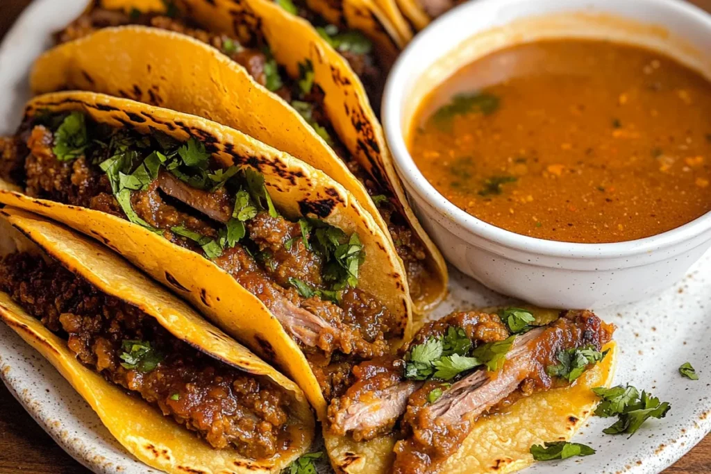 Savory Birria Tacos with Rich Consommé Served Warm