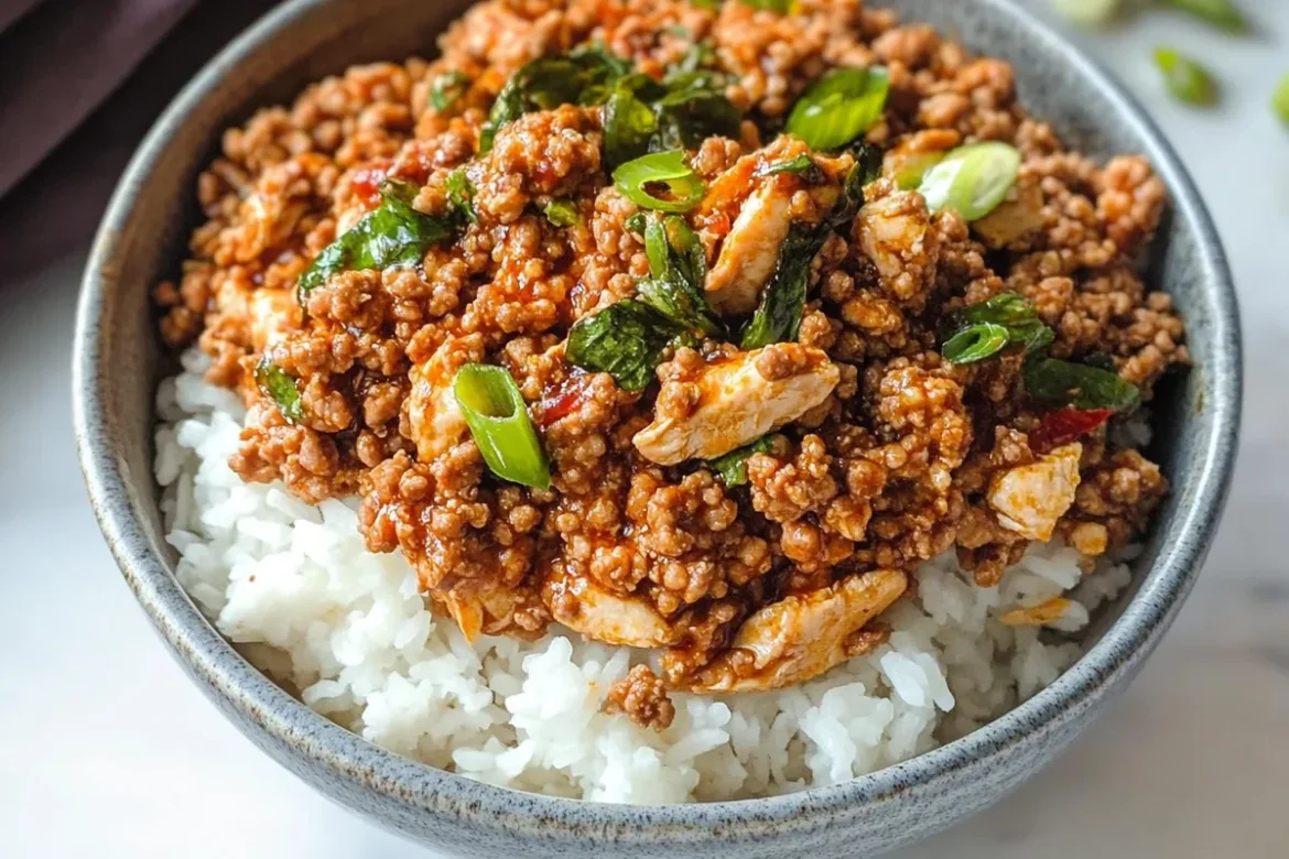 Spicy 20-Minute Ground Chicken Bowl Garnished with Cilantro