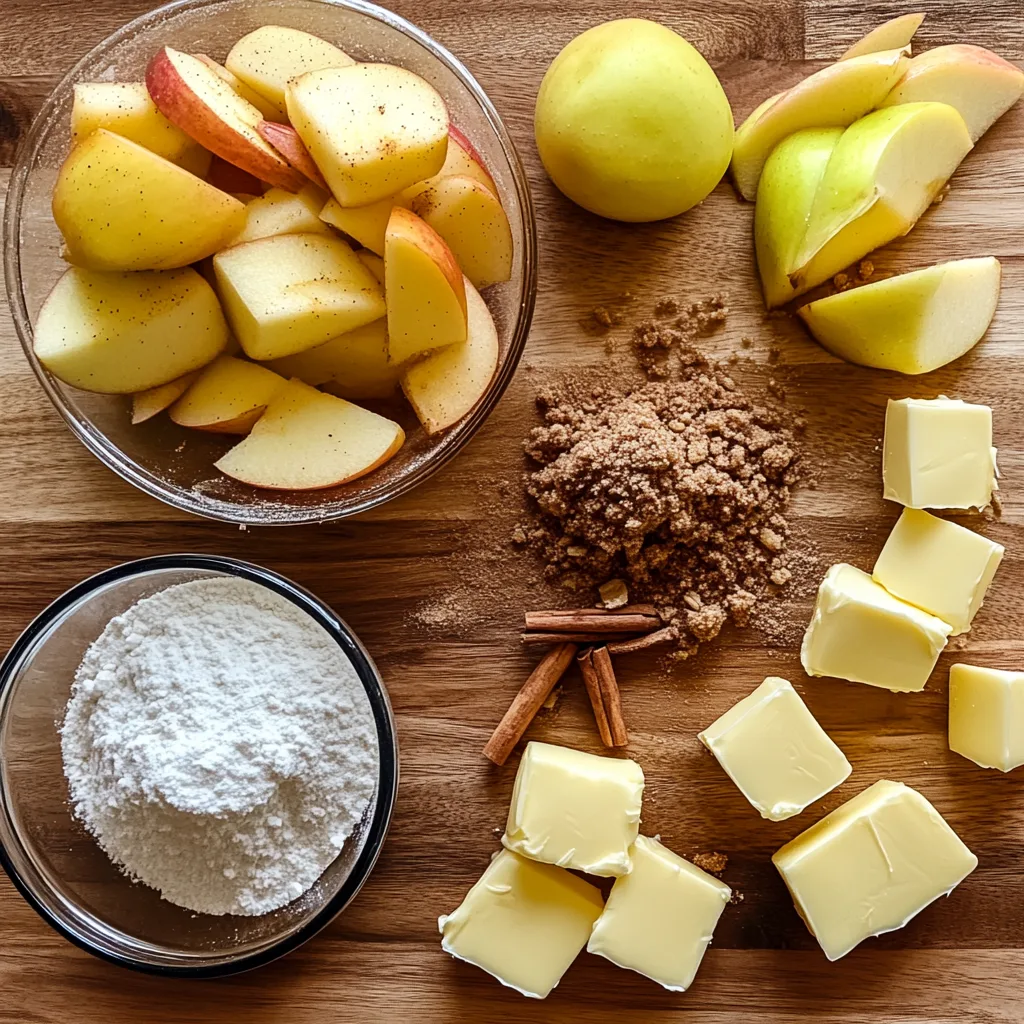 Ingredients for apple crisp recipe without oats on a rustic kitchen counter