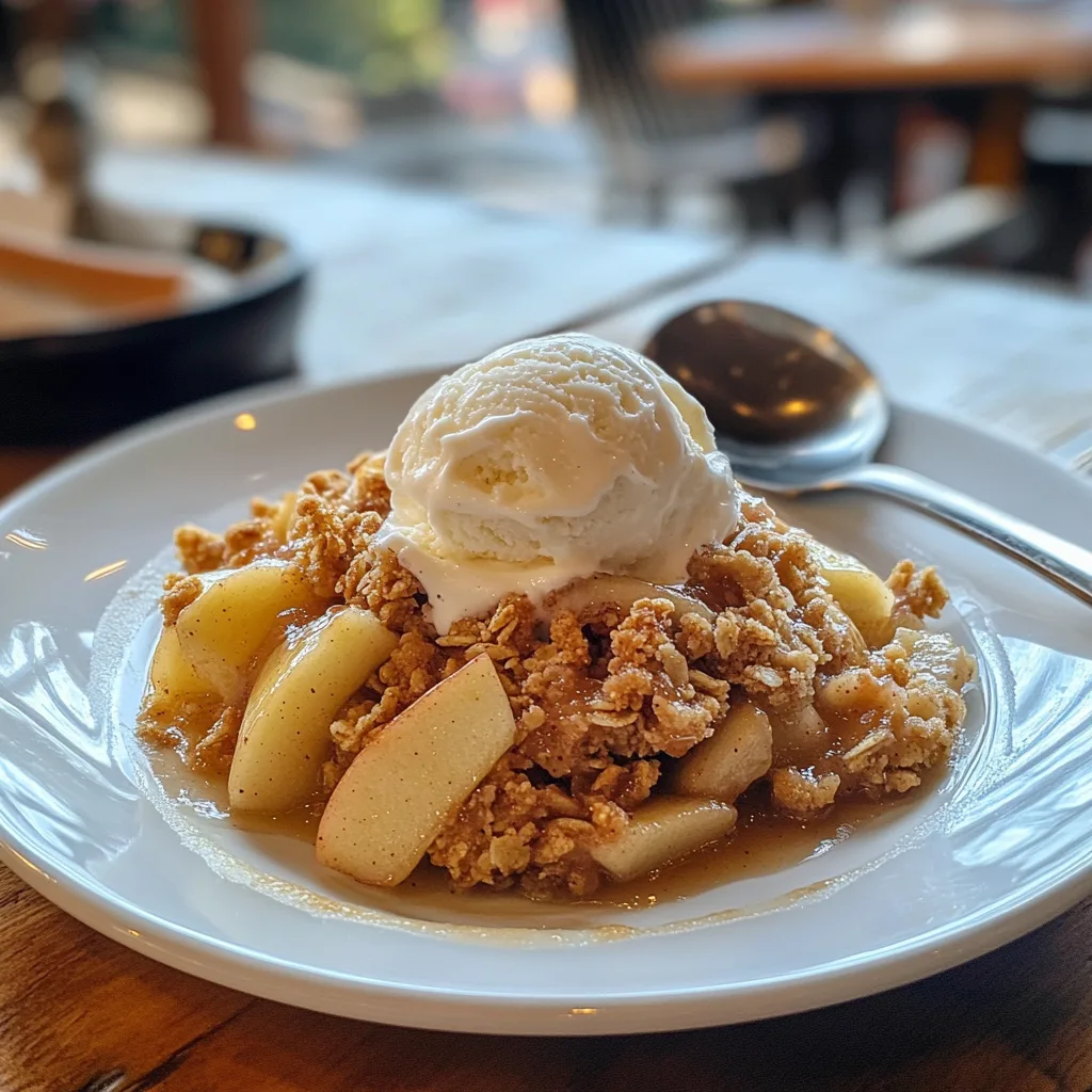 A serving of apple crisp recipe without oats with melting vanilla ice cream