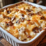 Freshly baked chicken mushroom rice casserole in a ceramic dish