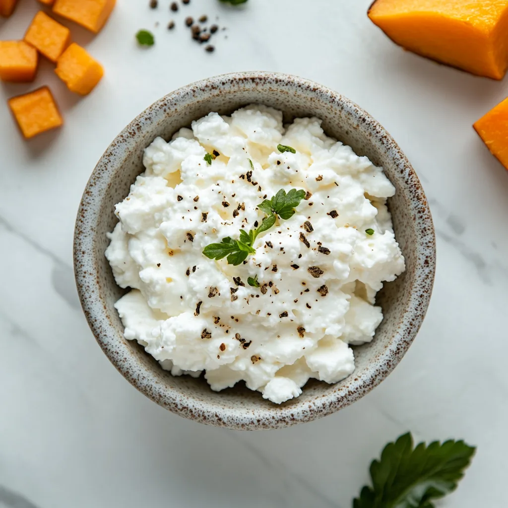 herb-seasoned cottage cheese and sweet potatoes in macro close-up