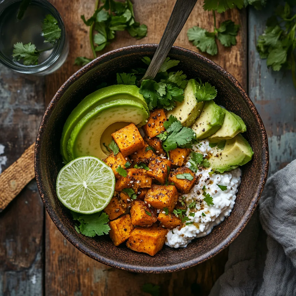 taco bowl with cottage cheese and sweet potatoes served with lime water