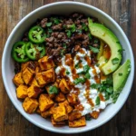 sweet potato cottage cheese taco bowl with taco beef and hot honey drizzle