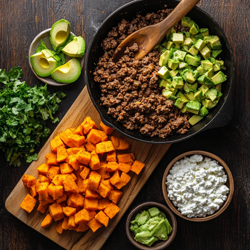 ingredients laid out for assembling a sweet potato cottage cheese taco bowl
